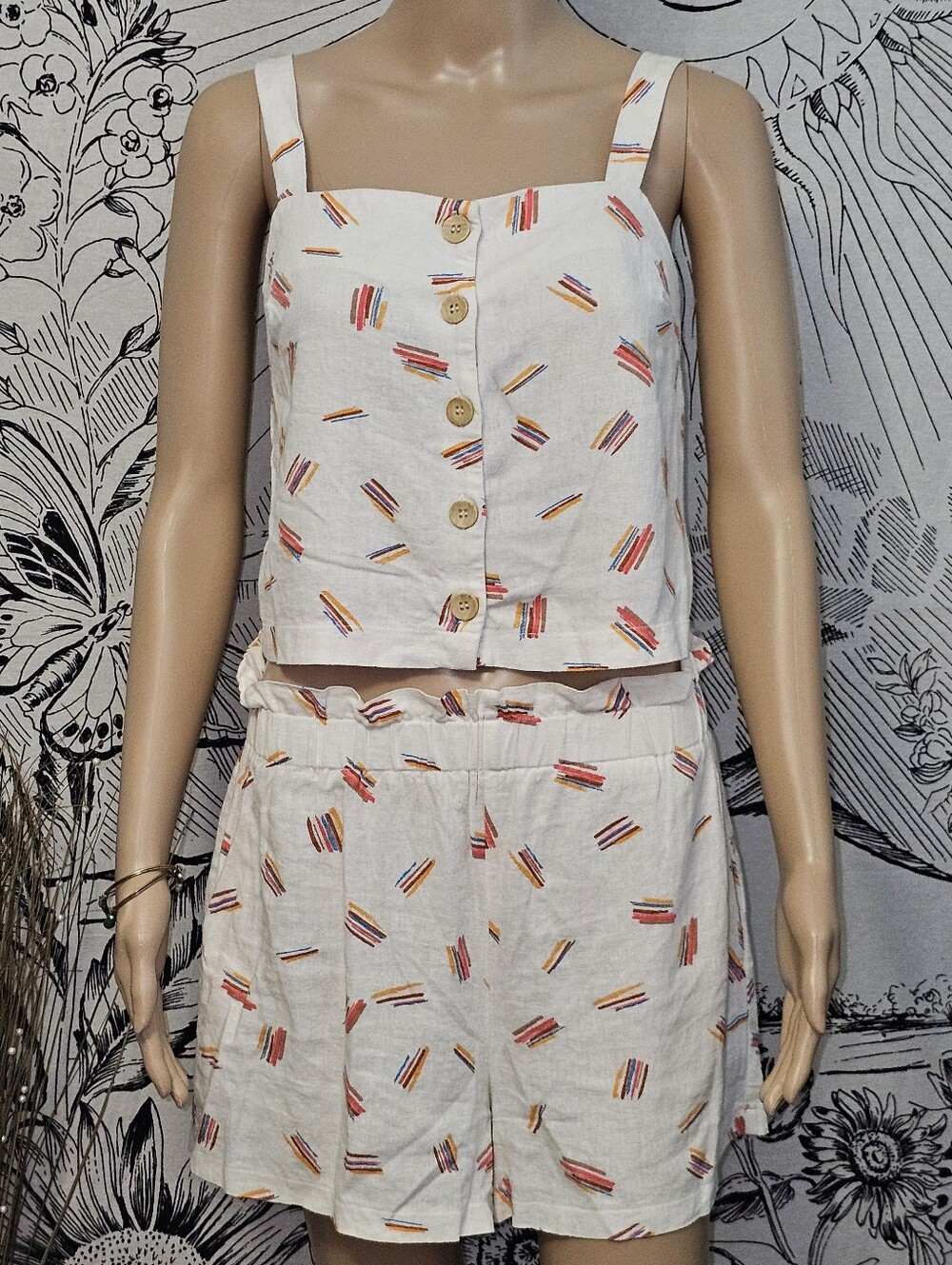 Lush Cream Two-Piece Linen Blend Set with Colorful Stripe Motif Sz Small